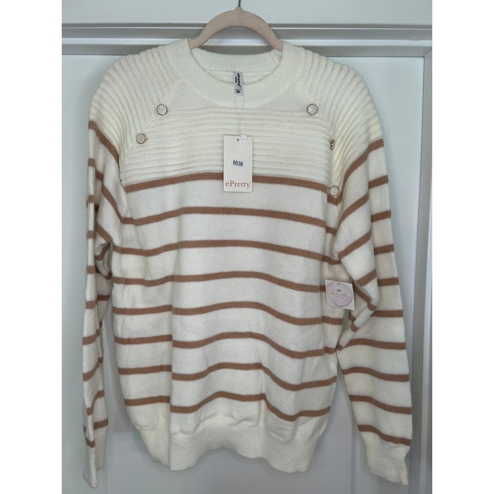 Coastal Grandma Womens XL Striped Knit Cream Sweater Soft‎ Romantic Parisian